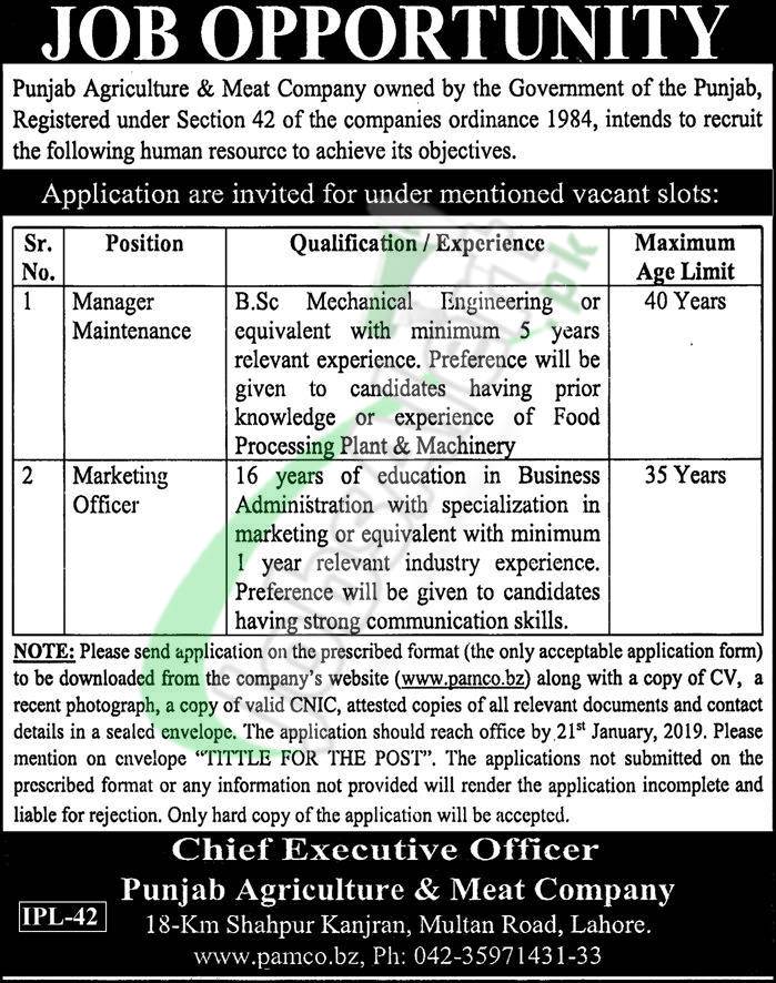 Punjab Agriculture and Meat Company Jobs 2019