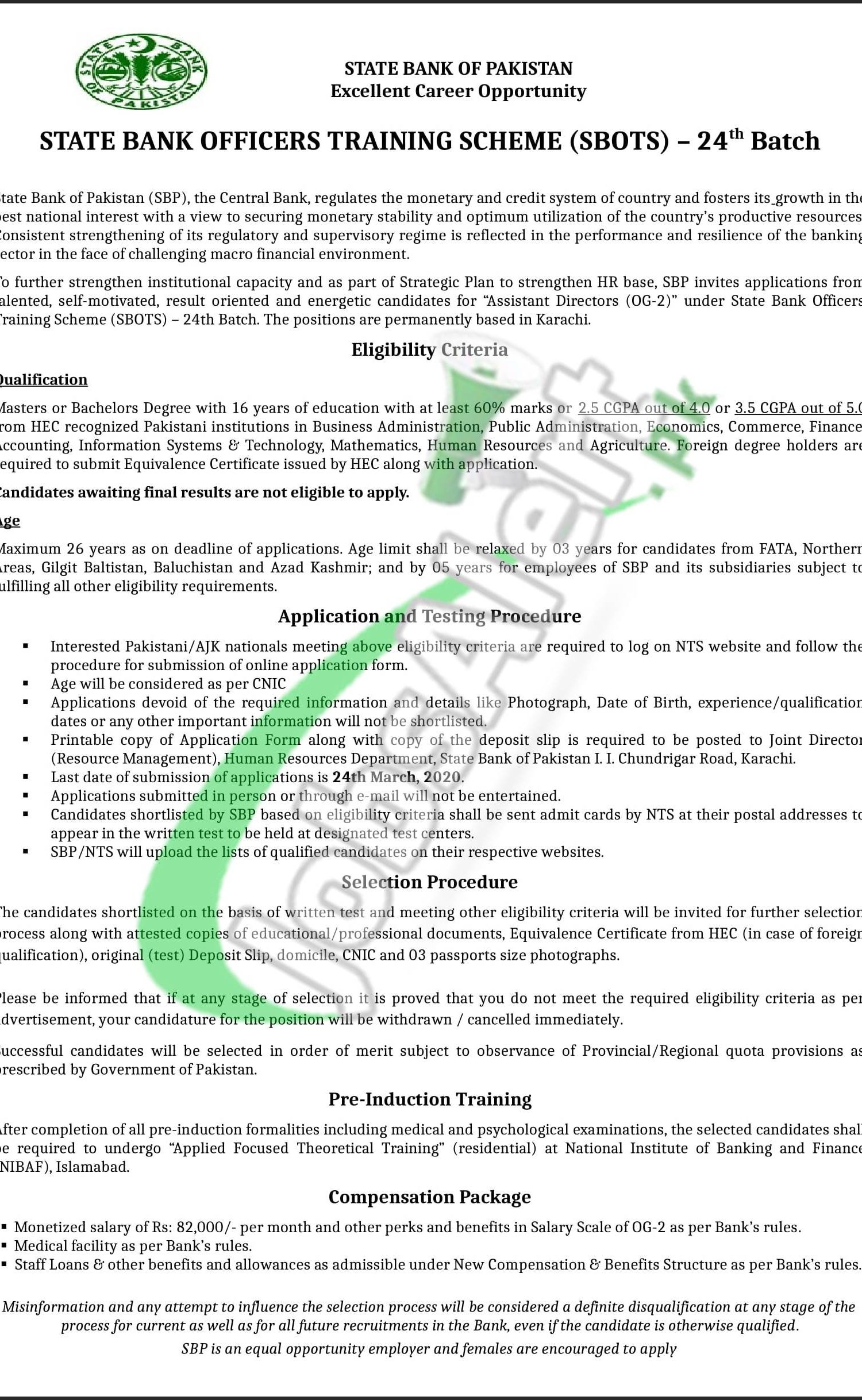 State Bank Officers Training Scheme (SBOTS) 2020 OG2 Application Form & Test Sample Paper