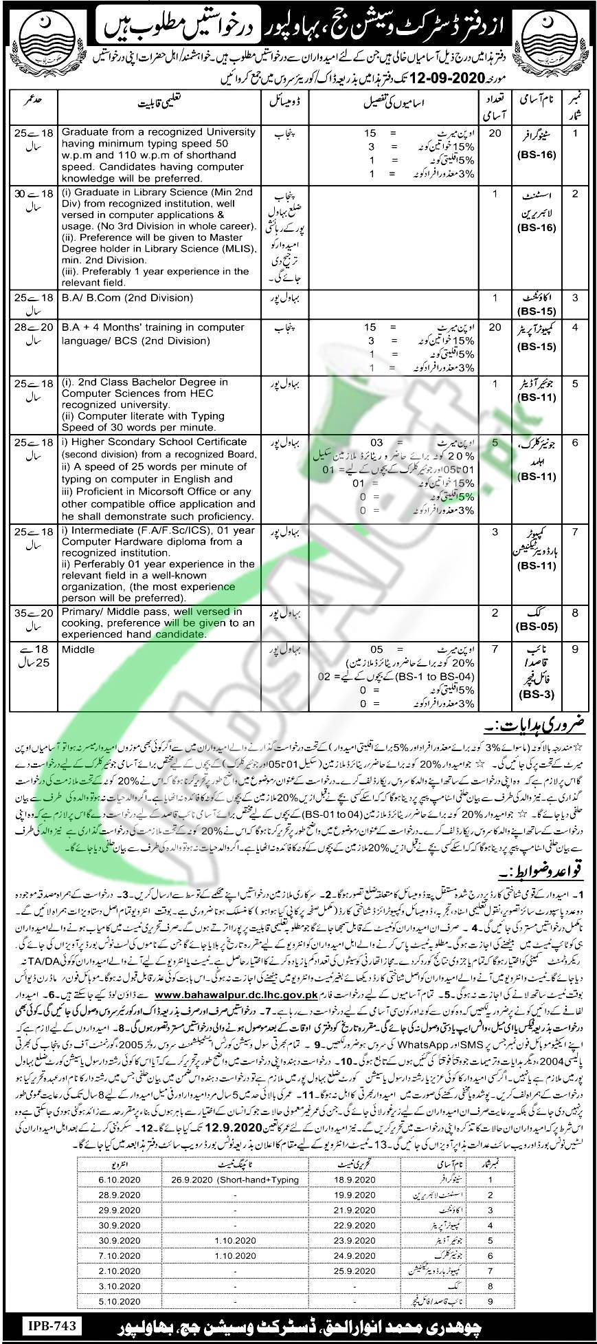 District and Session Court Bahawalpur Jobs