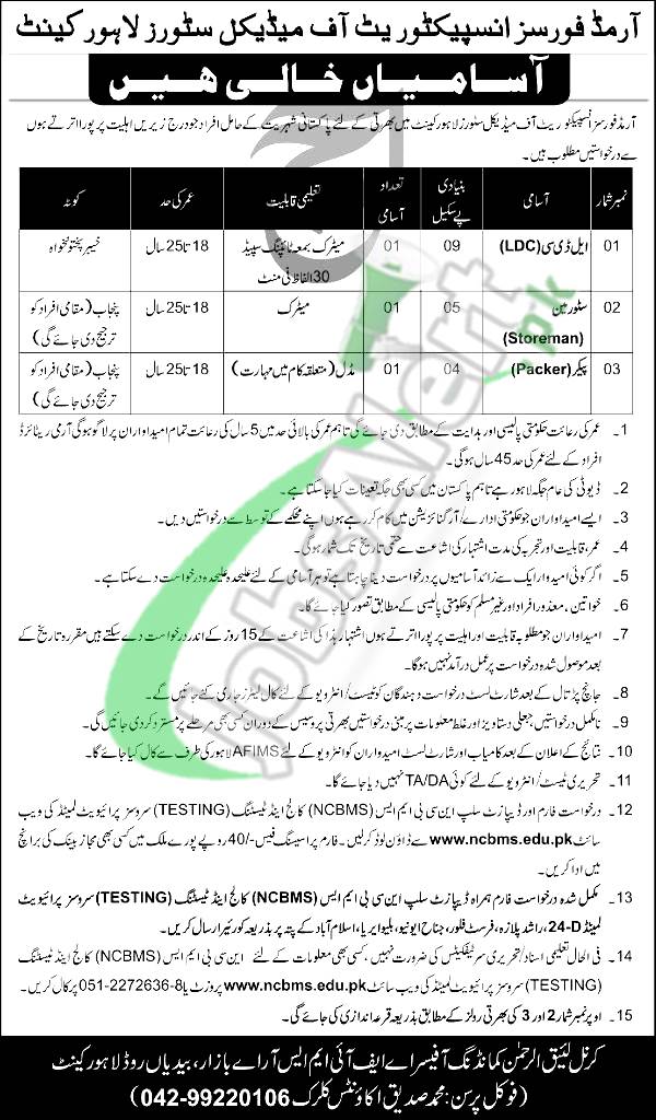 Armed Forces Inspectorate of Medical Stores Lahore Job Opportunities