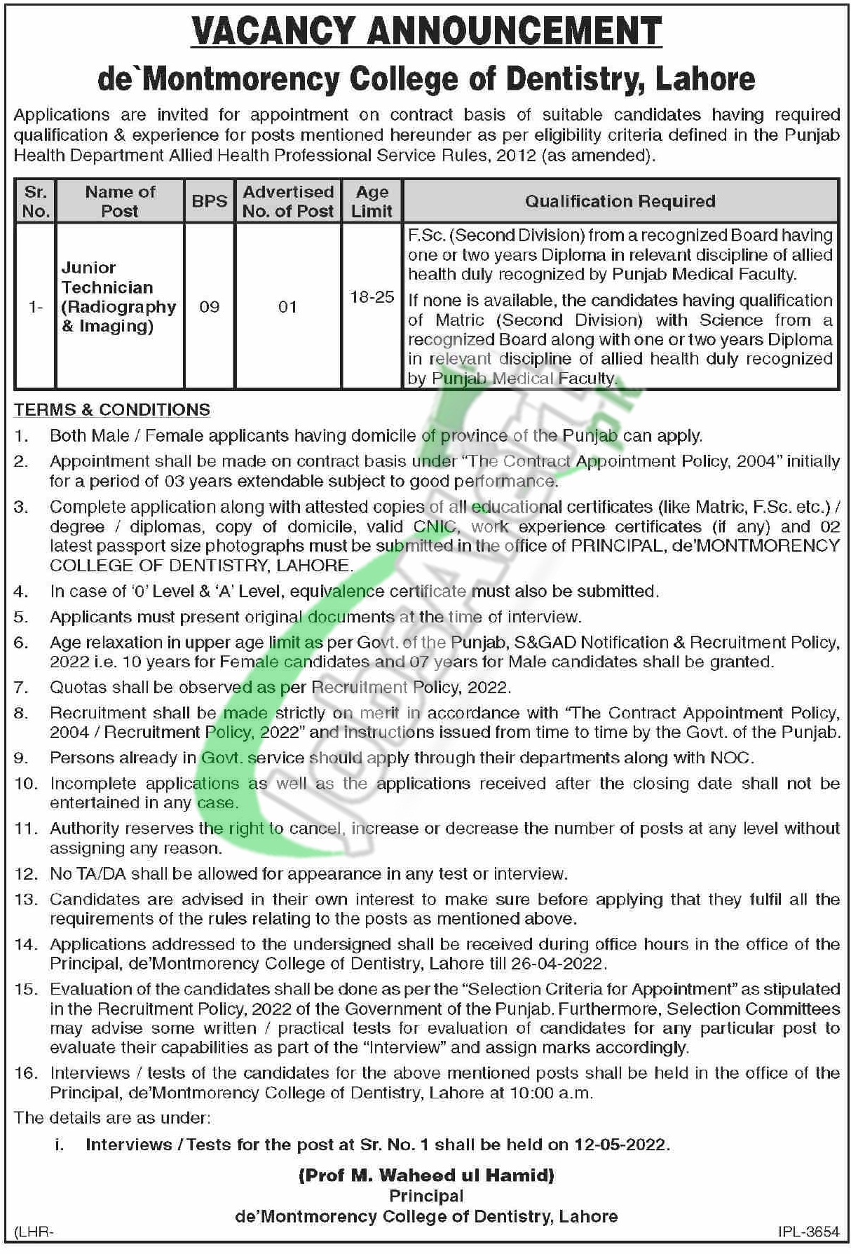 De'Montmorency College of Dentistry Lahore Jobs 2022 Latest Openings De'Montmorency College of Dentistry Lahore Jobs