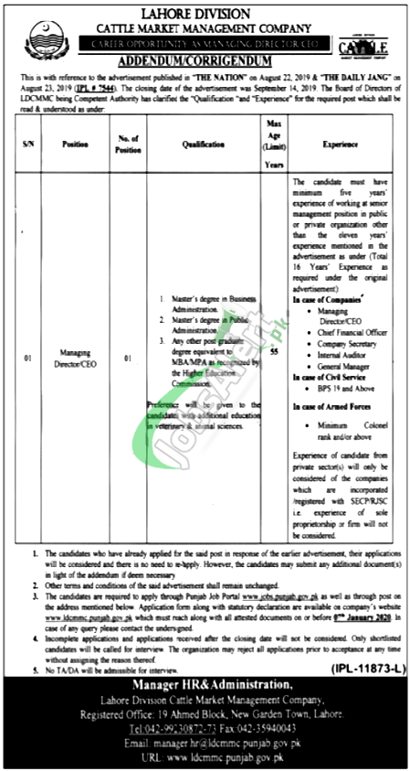 Job Opportunity Lahore Division Cattle Market Management Company