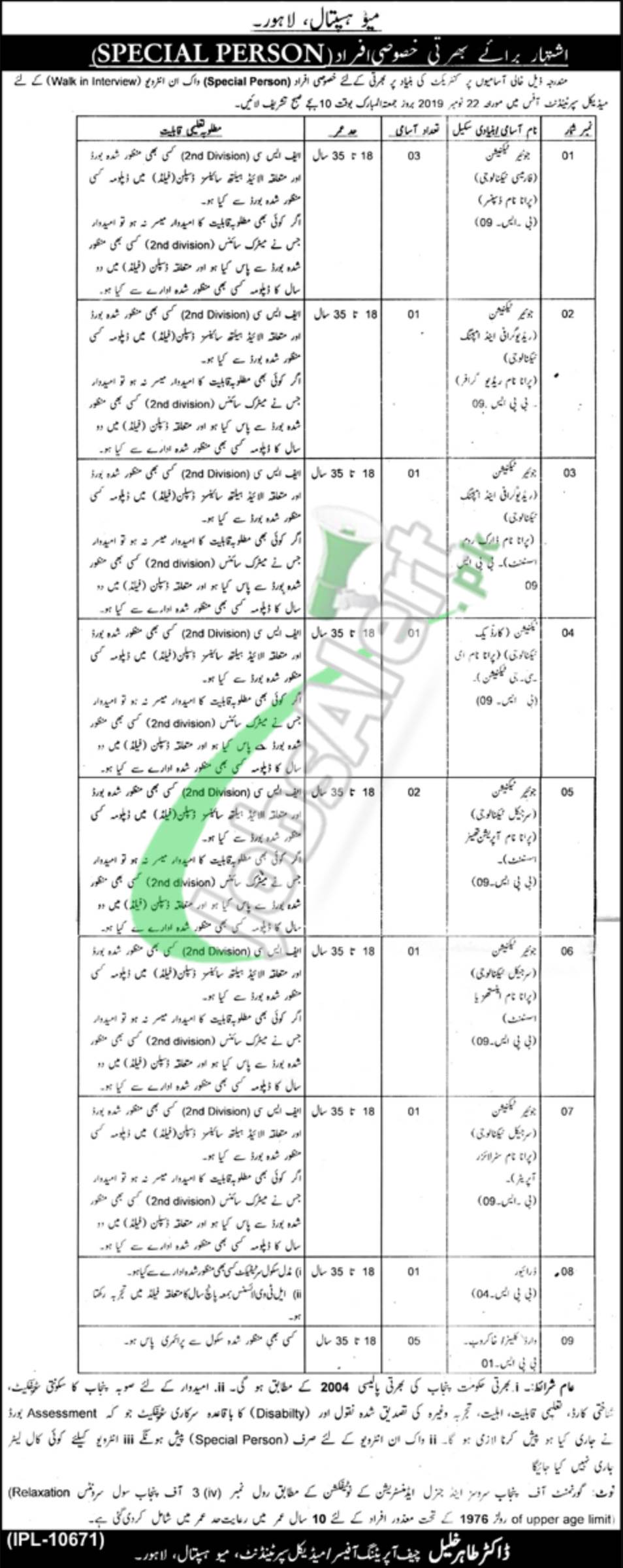 Walk in Interview Jobs in Mayo Lospital Lahore 2019 Latest for Special ...