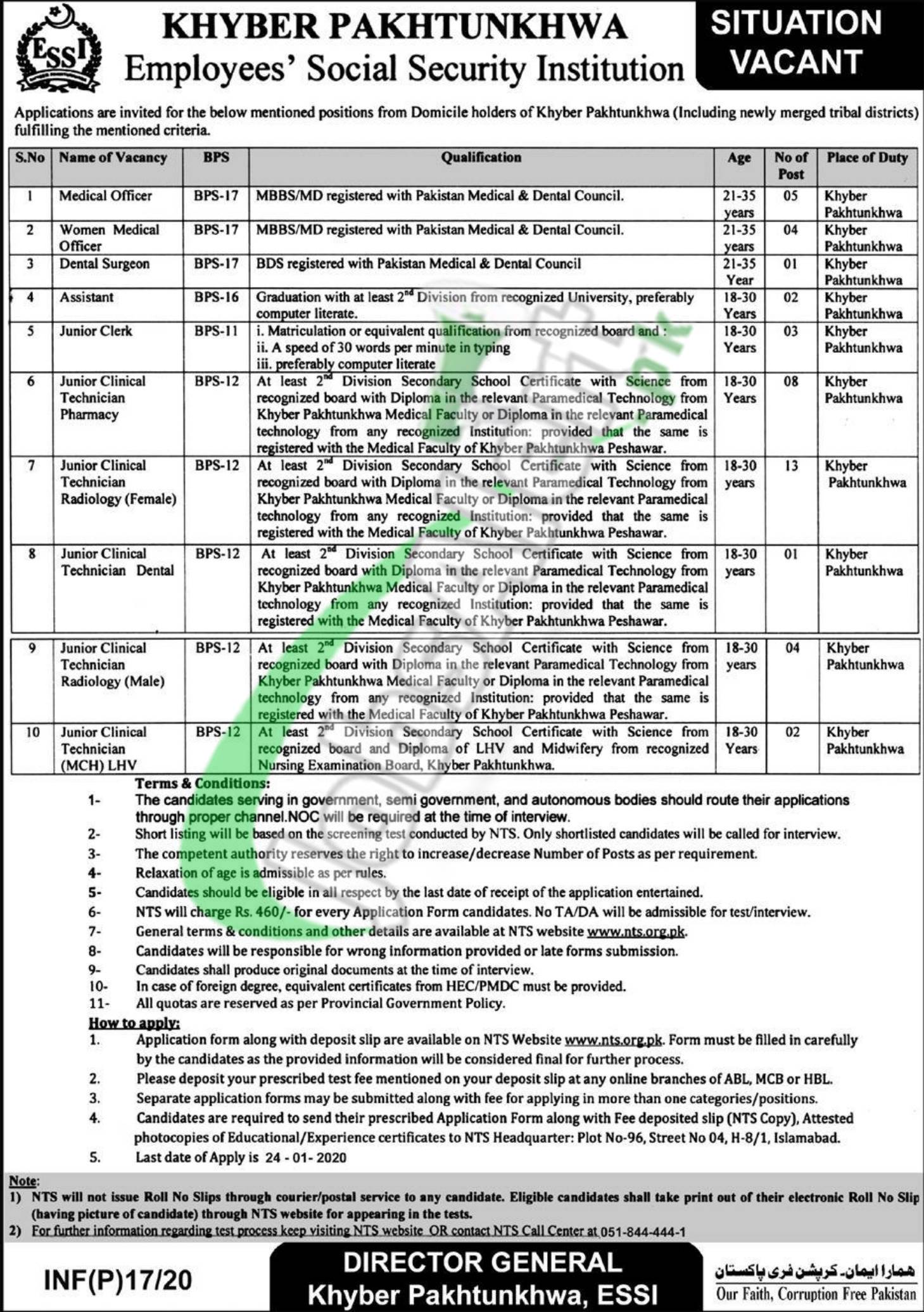 Khyber Pakhtunkhwa Employees Social Security Institution Situation Vacant