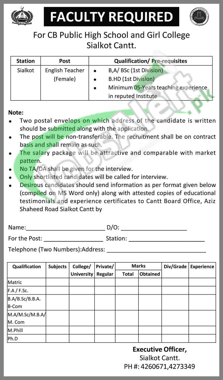 Apply in Cantonment Board Sialkot Jobs