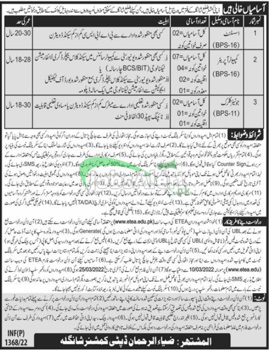 Deputy Commissioner Shangla Jobs 2022 ETEA for Assistant (BPS-16) Deputy Commissioner Shangla Jobs