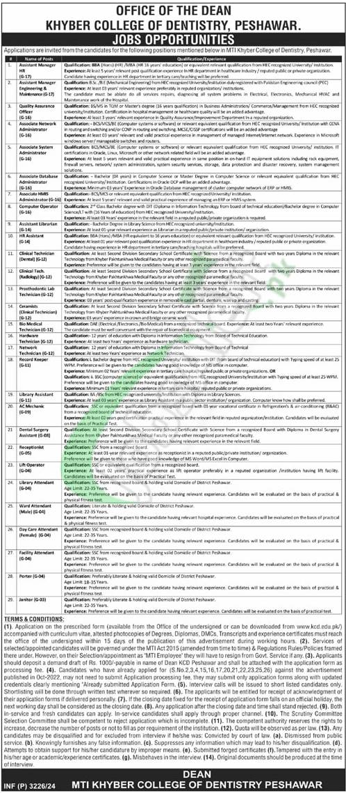 Application Form Khyber College of Dentistry Peshawar Jobs