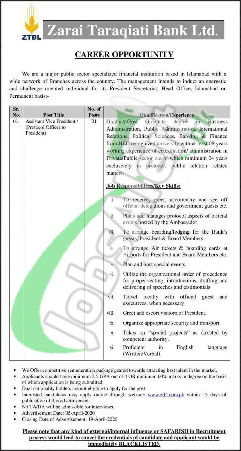  Assistant Vice President Jobs In ZTBL 2020