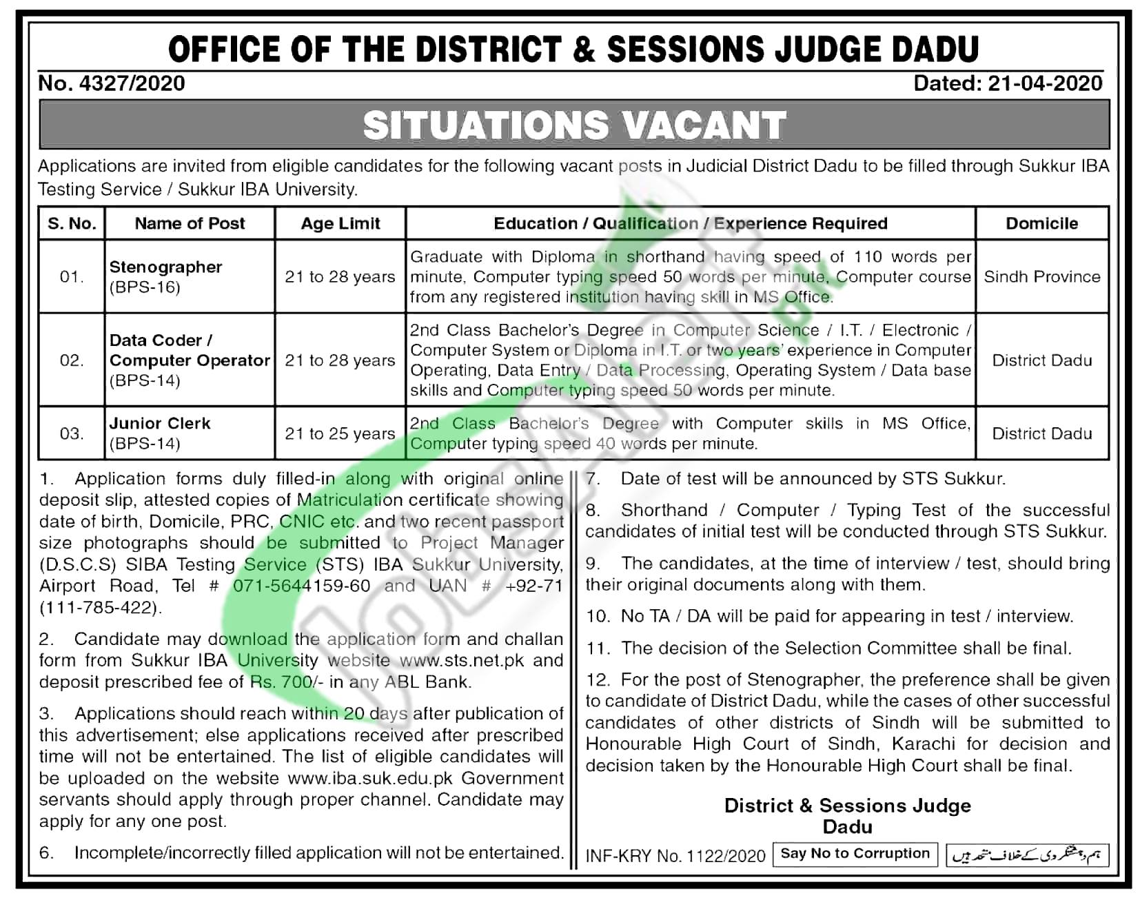 Junior Clerk Jobs In District And Session Court Dadu