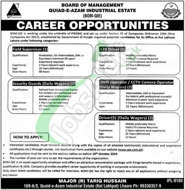 Quaid-e-Azam Industrial Estate Lahore Jobs