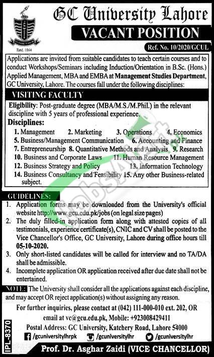GCU Lahore Jobs
