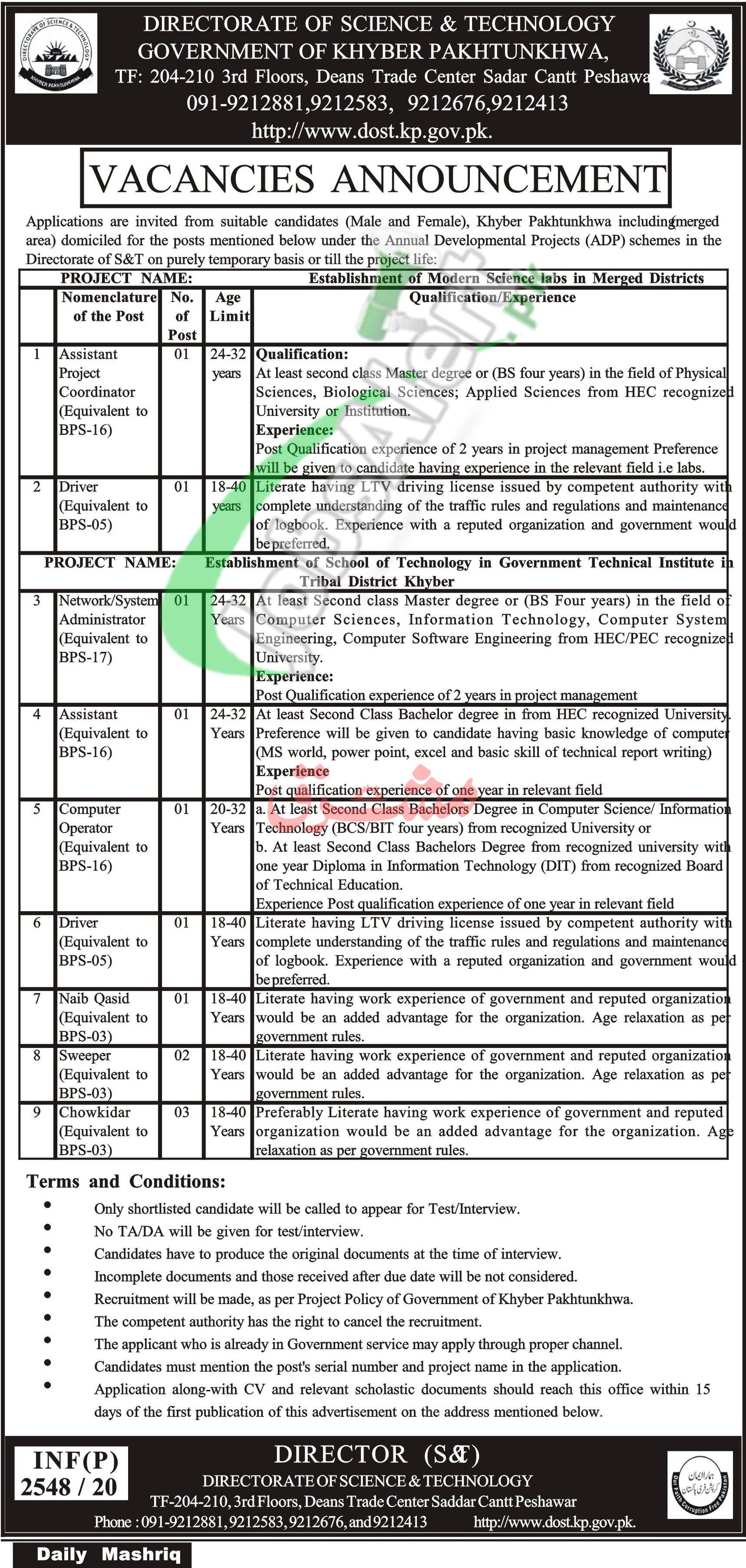  Directorate of Science & Technology Peshawar Jobs