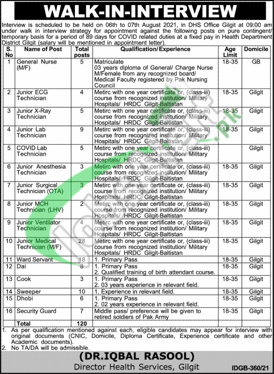 Directorate General Health Services Gilgit-Baltistan Jobs 2021 Latest Advertisement