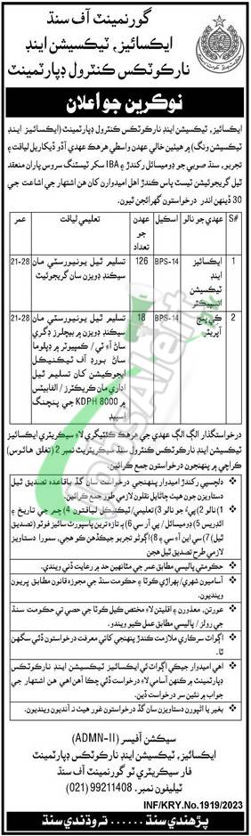 Excise Taxation & Narcotics Control Department Sindh Jobs