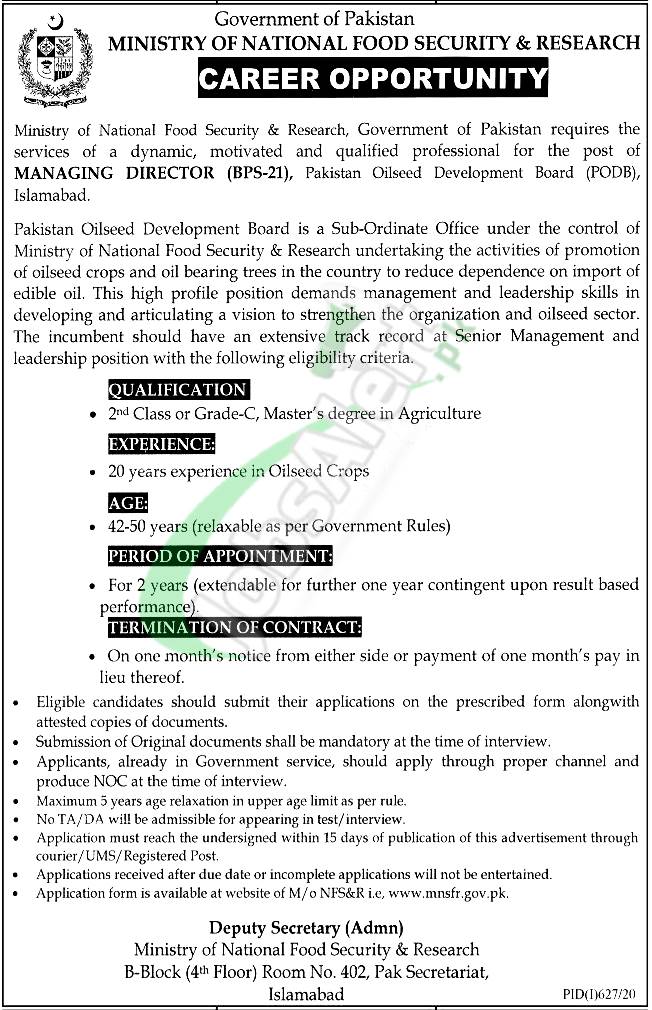 Pakistan Oilseed Development Board Jobs 2020