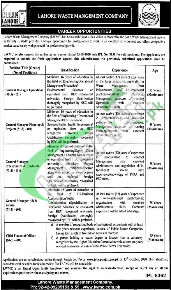 Lahore Waste Management Company LWMC Jobs