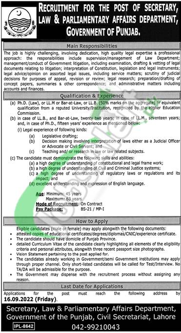 Law and Parliamentary Affairs Department Punjab Jobs