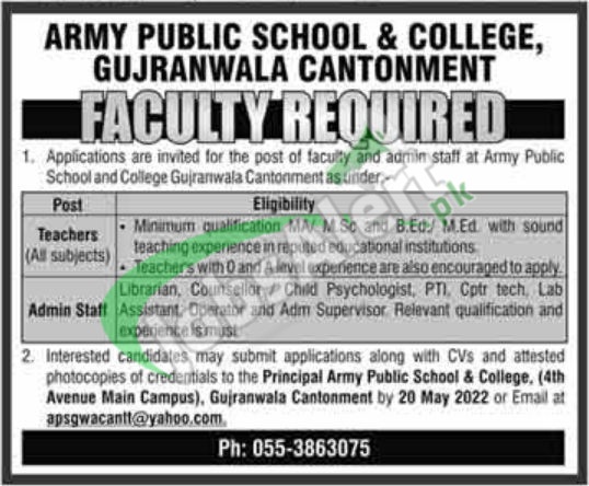 Army Public School & College Jobs 2022 Gujranwala Cantt Teacher (Male & Female) Army Public School & College Jobs