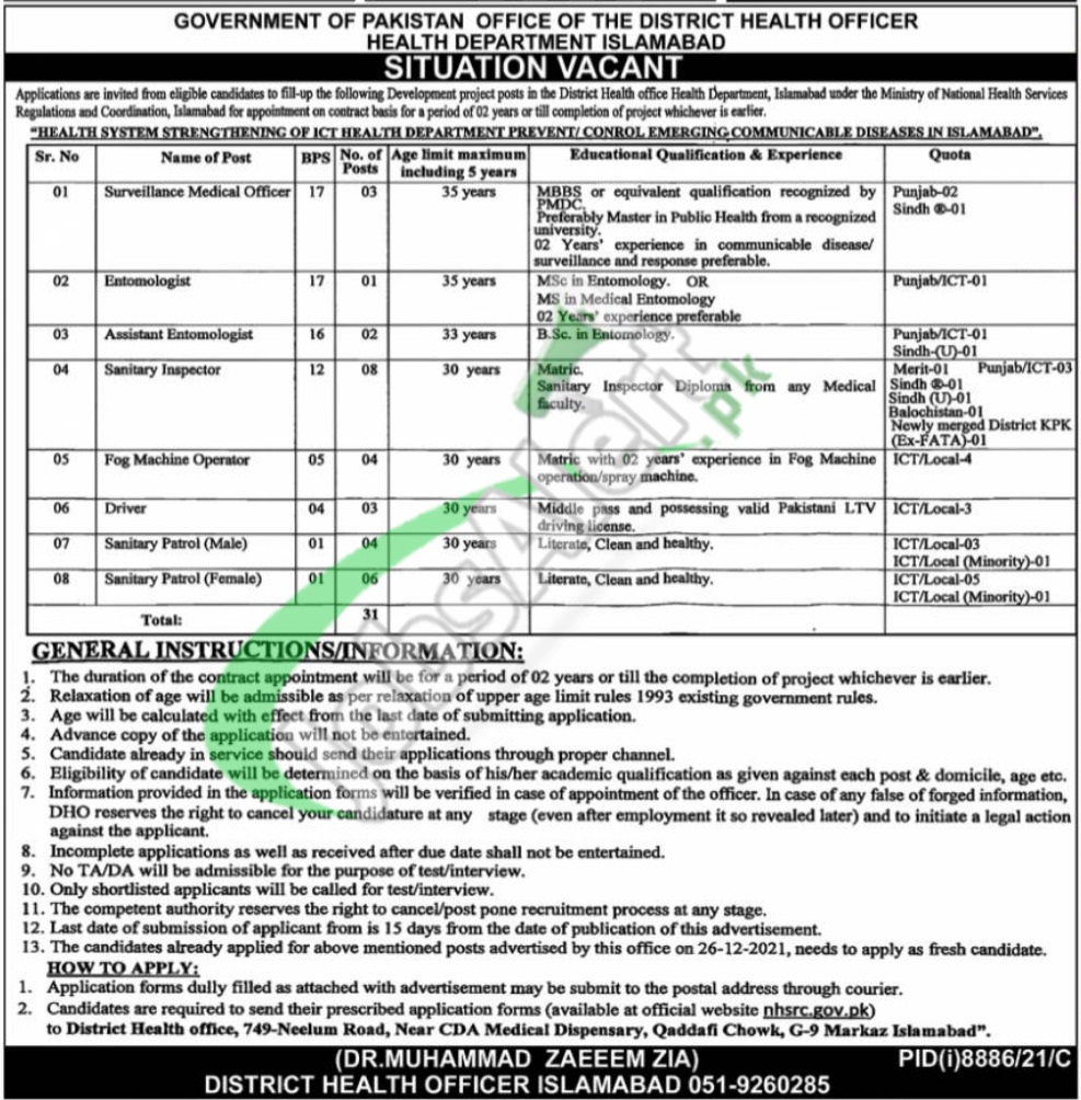 Health Department Islamabad Jobs 2022 Application Form Download Online