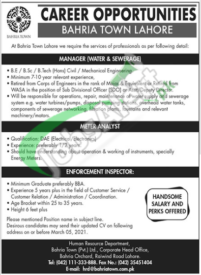 Bahria Town Lahore Jobs