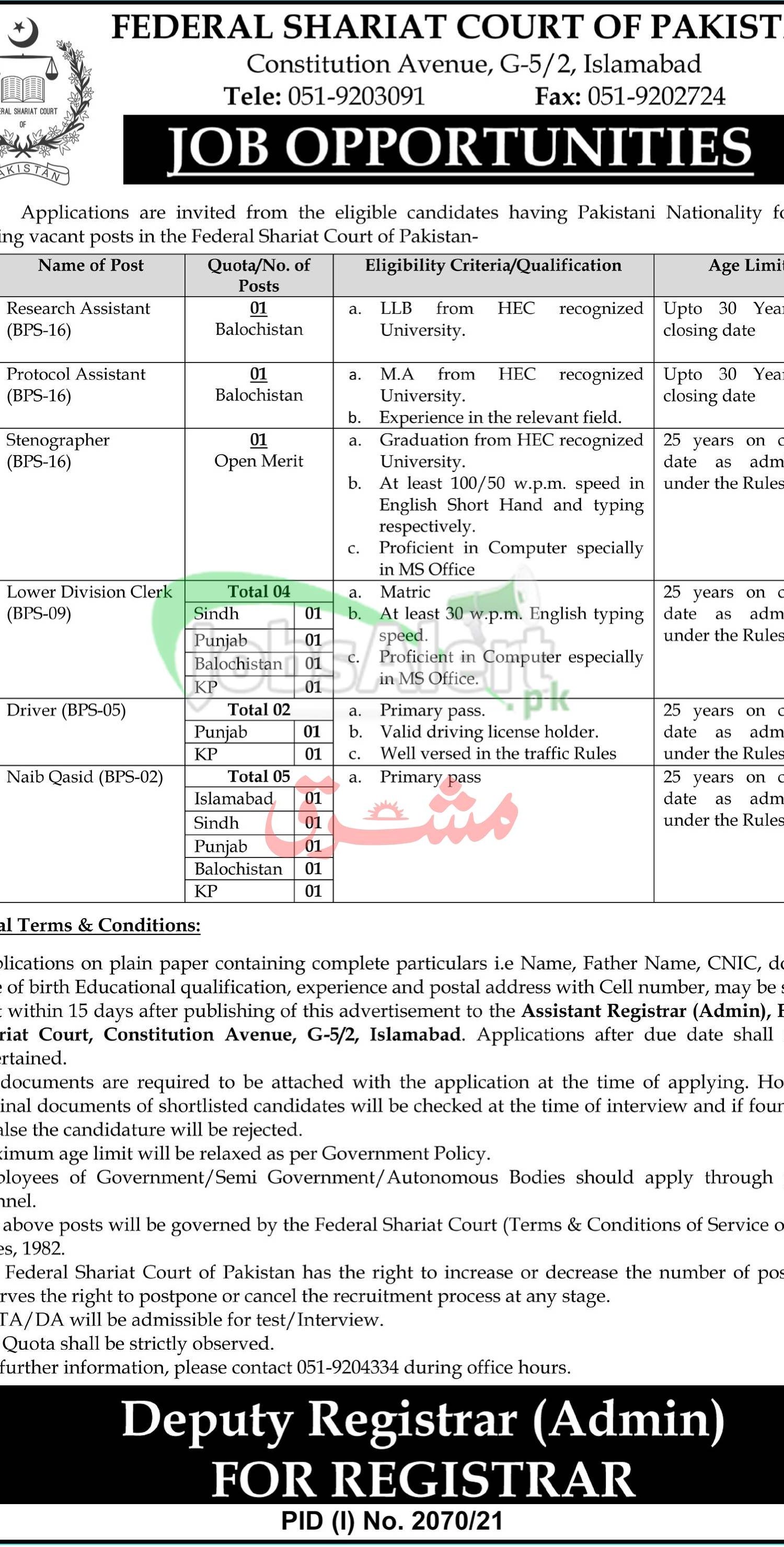 Federal Shariat Court of Pakistan Jobs