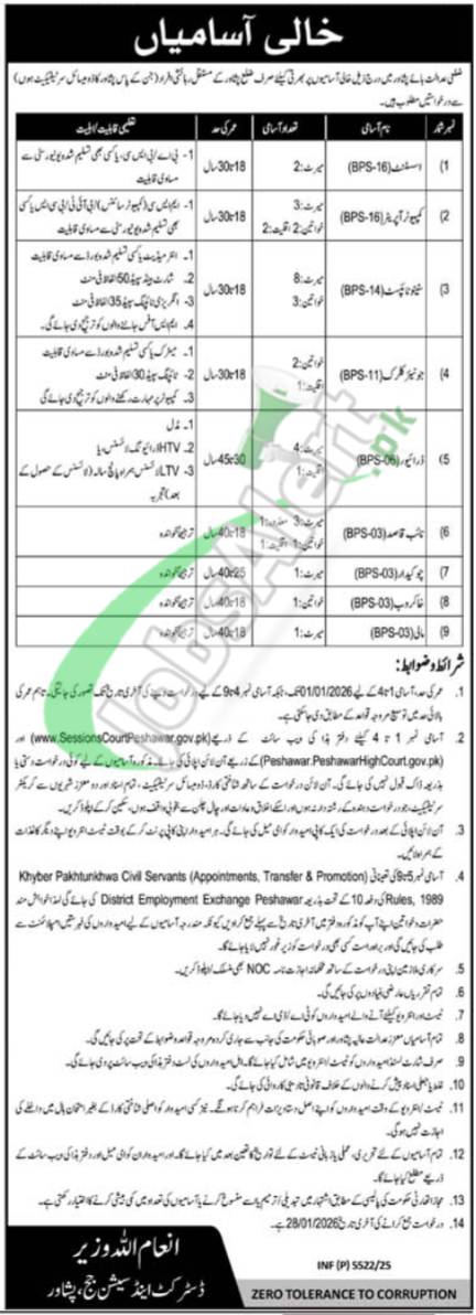 District and Session Court Peshawar Jobs 2026 Application Form Download Session Court Peshawar Jobs