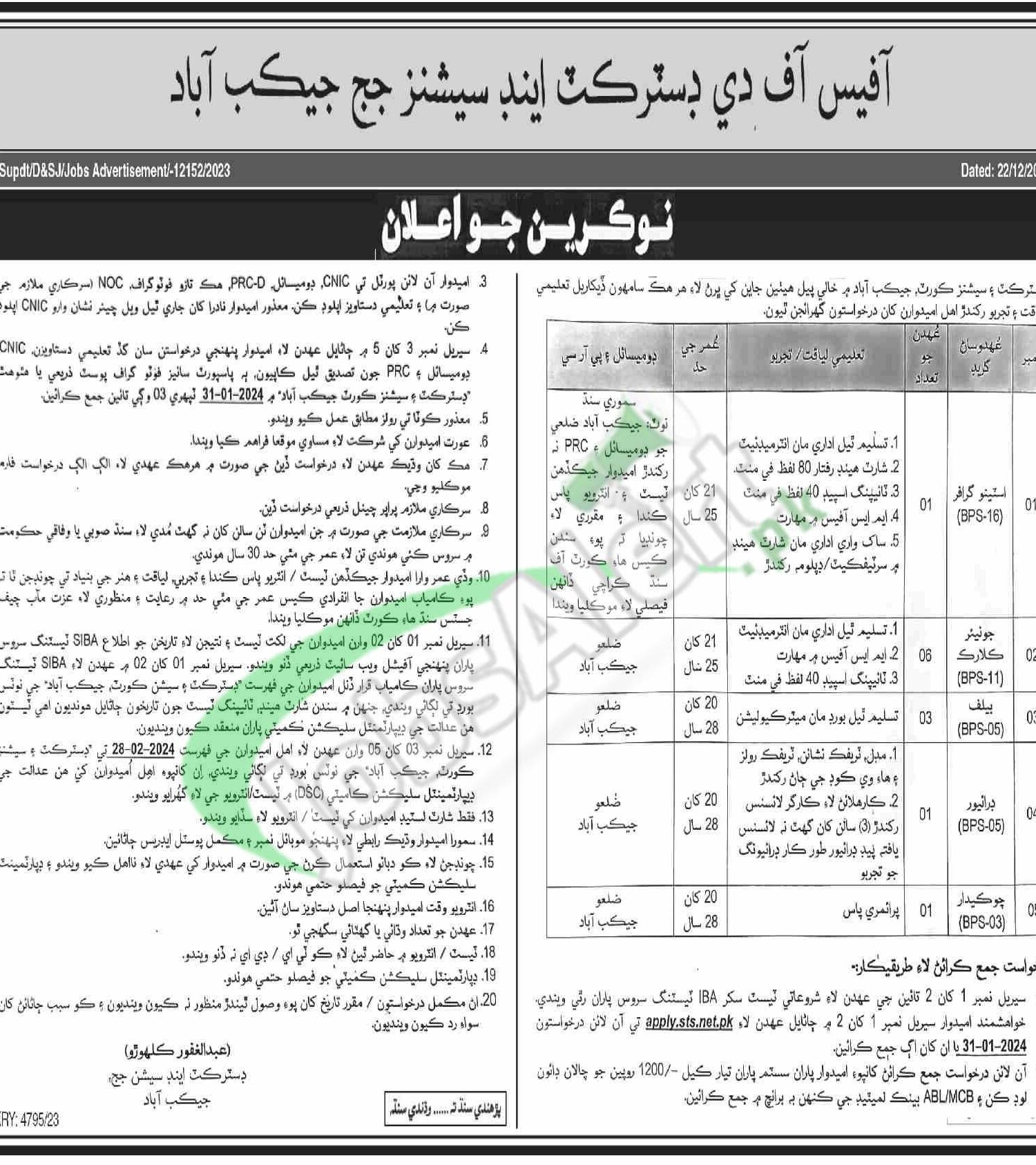 Session Court Jacobabad Jobs