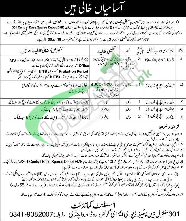 Pak Army 301 Spare Depot EME Rawalpindi Jobs 2022 Application Form Download