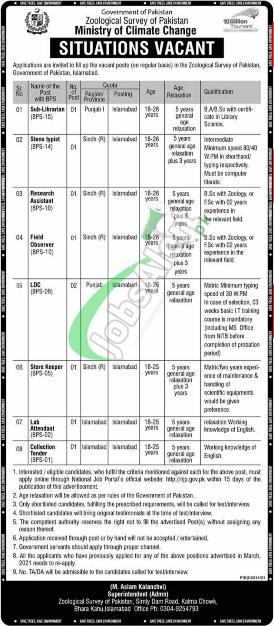 Zoological Survey of Pakistan Jobs 2022