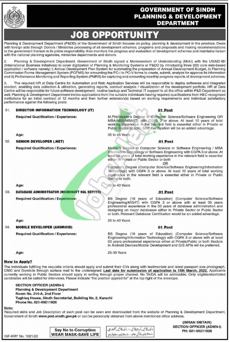 Planning & Development Department Sindh Jobs 2022 Latest March