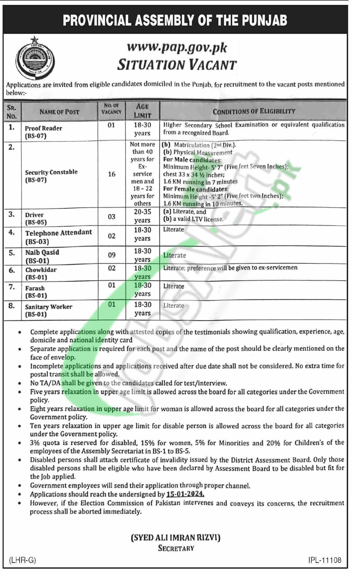 Provincial Assembly of the Punjab Jobs