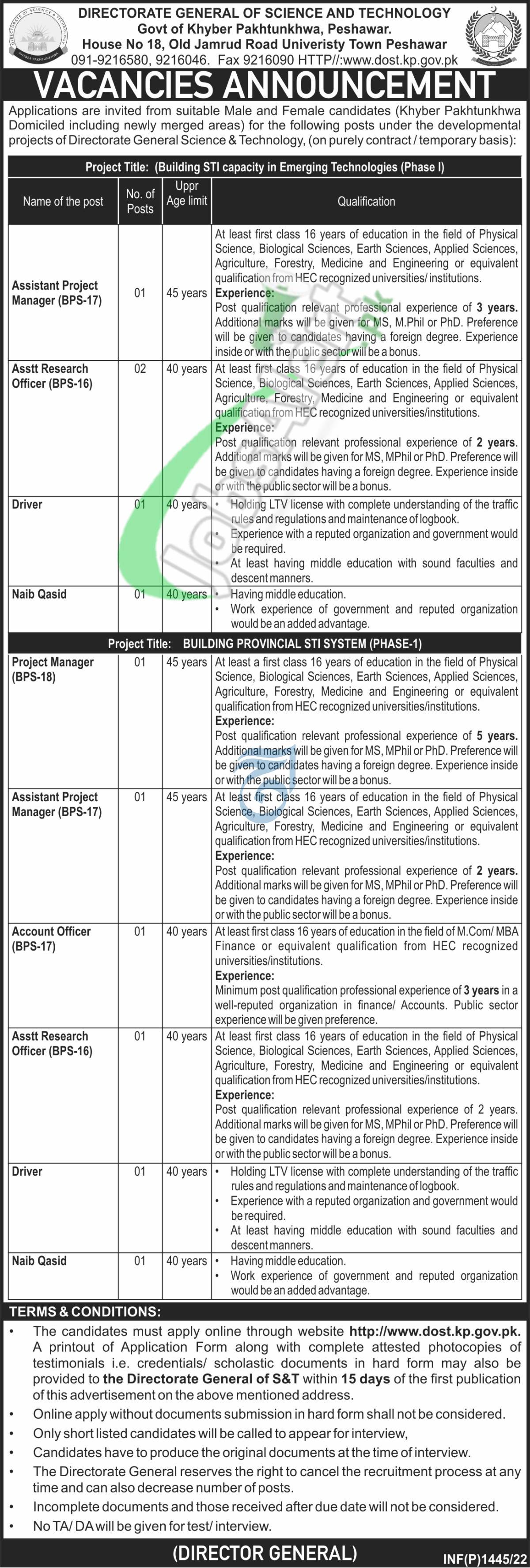 Directorate of Science & Technology KPK Jobs