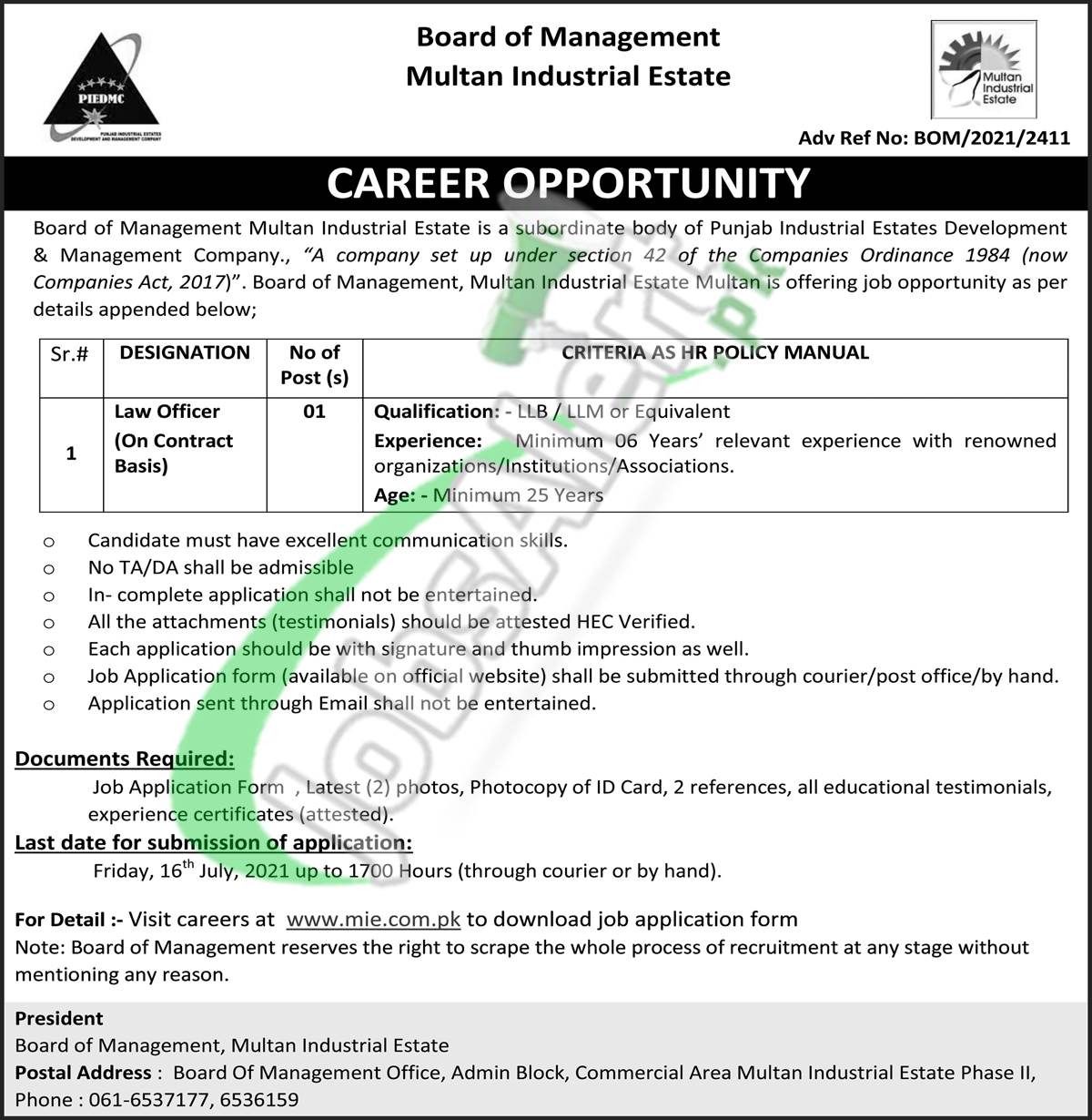 Board of Management Multan Industrial Estate Jobs