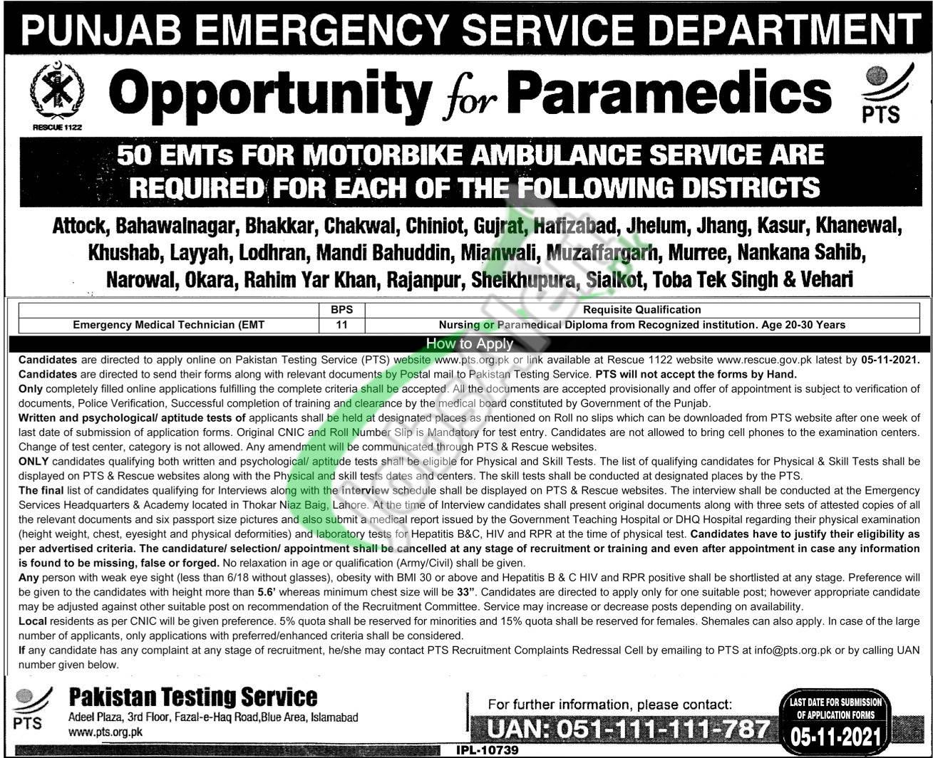 Emergency Medical Technician Jobs in Rescue 1122 VIA PTS 2021 Punjab CONTRACT