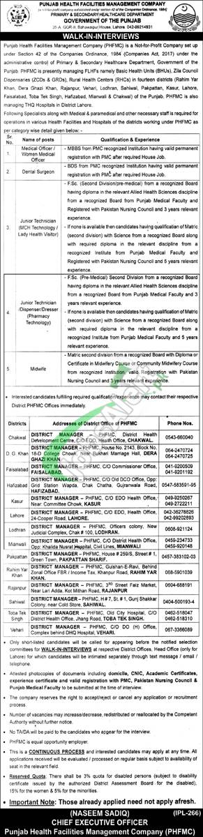 Punjab Health Facilities Management Company Jobs