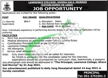 Lawrence College Murree Jobs 2021