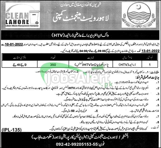 Lahore Waste Management Company Jobs