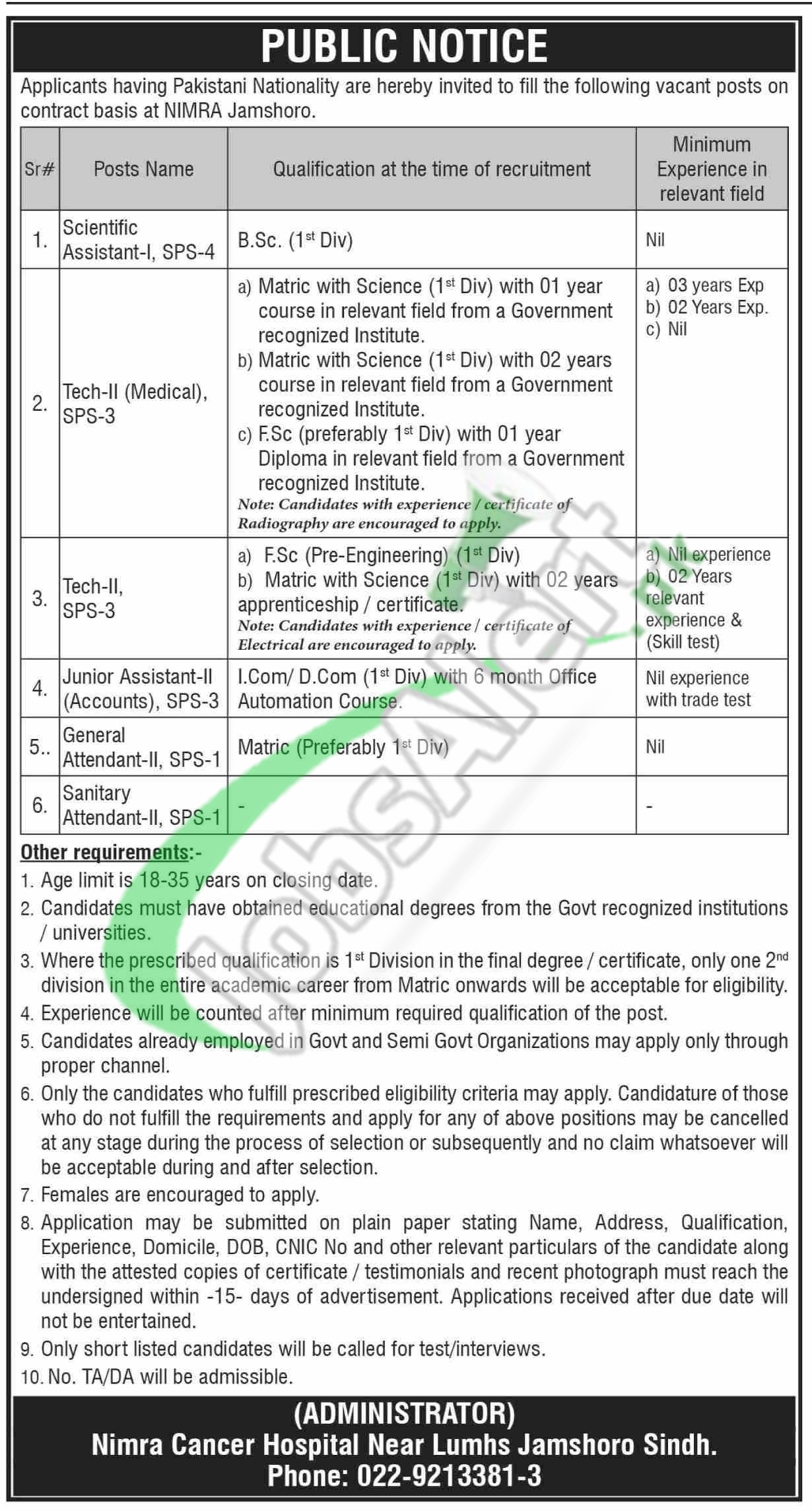 NIMRA Hospital Jamshoro Jobs