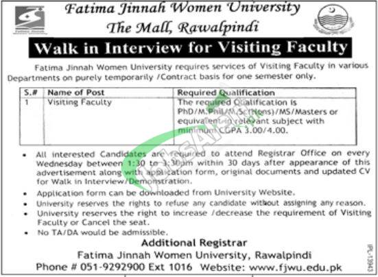 Fatima Jinnah Women University Jobs