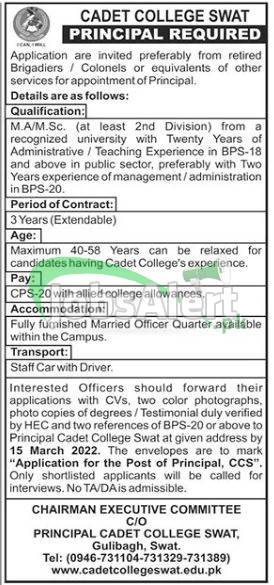 Cadet College Swat Jobs 2022 Teaching Staff CPS-20 Latest Cadet College Swat Jobs