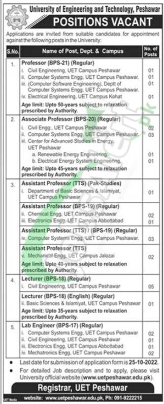 UET Peshawar Jobs 2022 University of Engineering & Technology For Faculty UET Peshawar Jobs