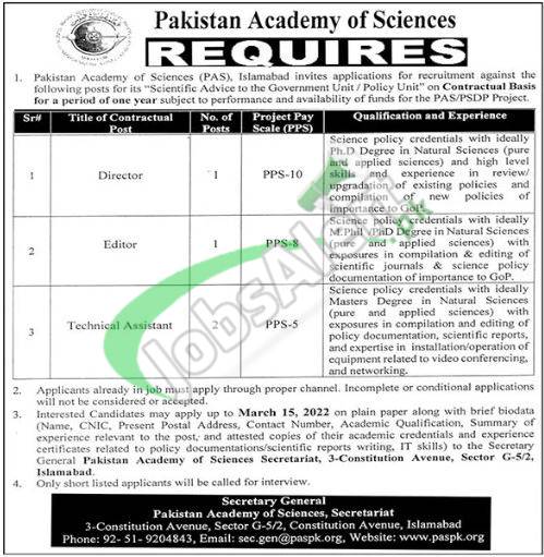 Pakistan Academy of Sciences Jobs