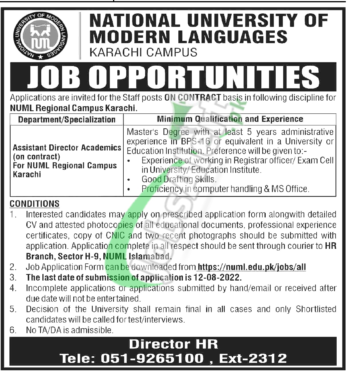 NUML Karachi Jobs