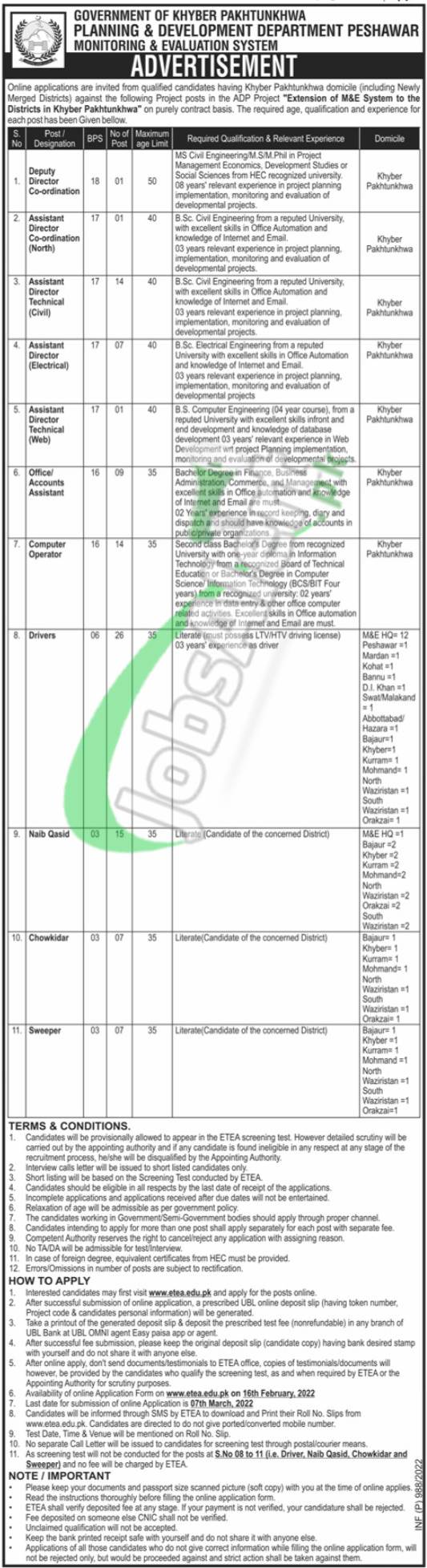 Planning and Development Department KPK Application Form 2022 ETEA Jobs