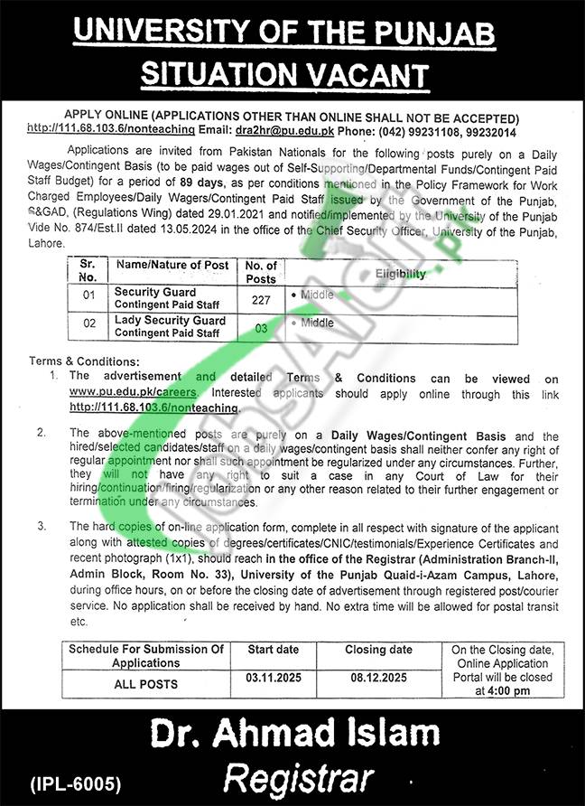 University of Punjab Security Jobs