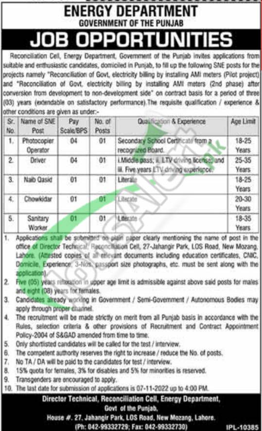 Energy Department Punjab Jobs 2022 Online Form Download Energy Department Punjab Jobs