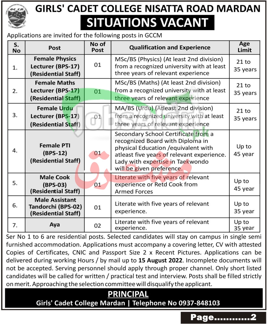 Cadet College Mardan Jobs