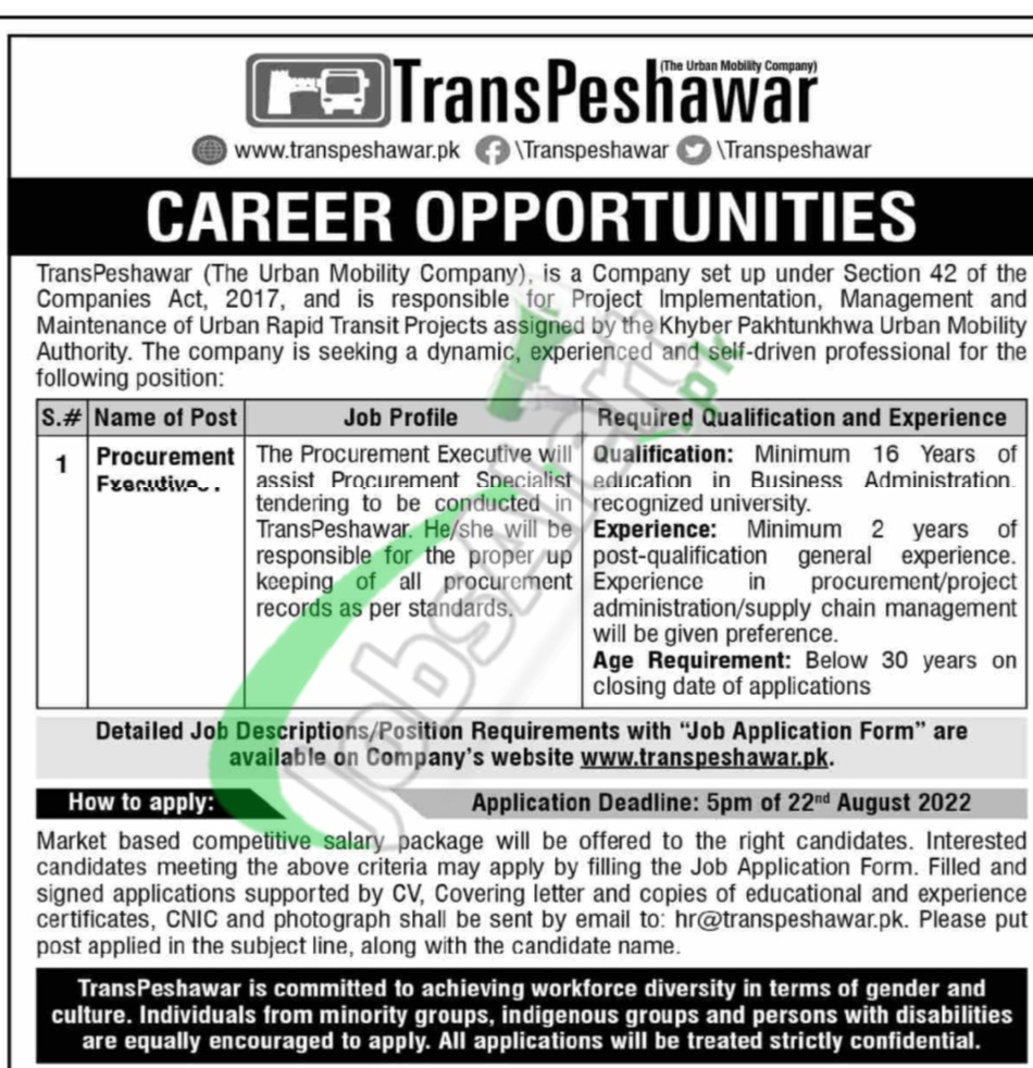 Transport & Mass Transit Department KPK Jobs