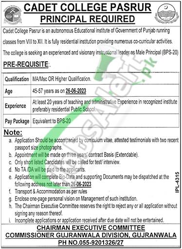 Cadet College Pasrur Jobs