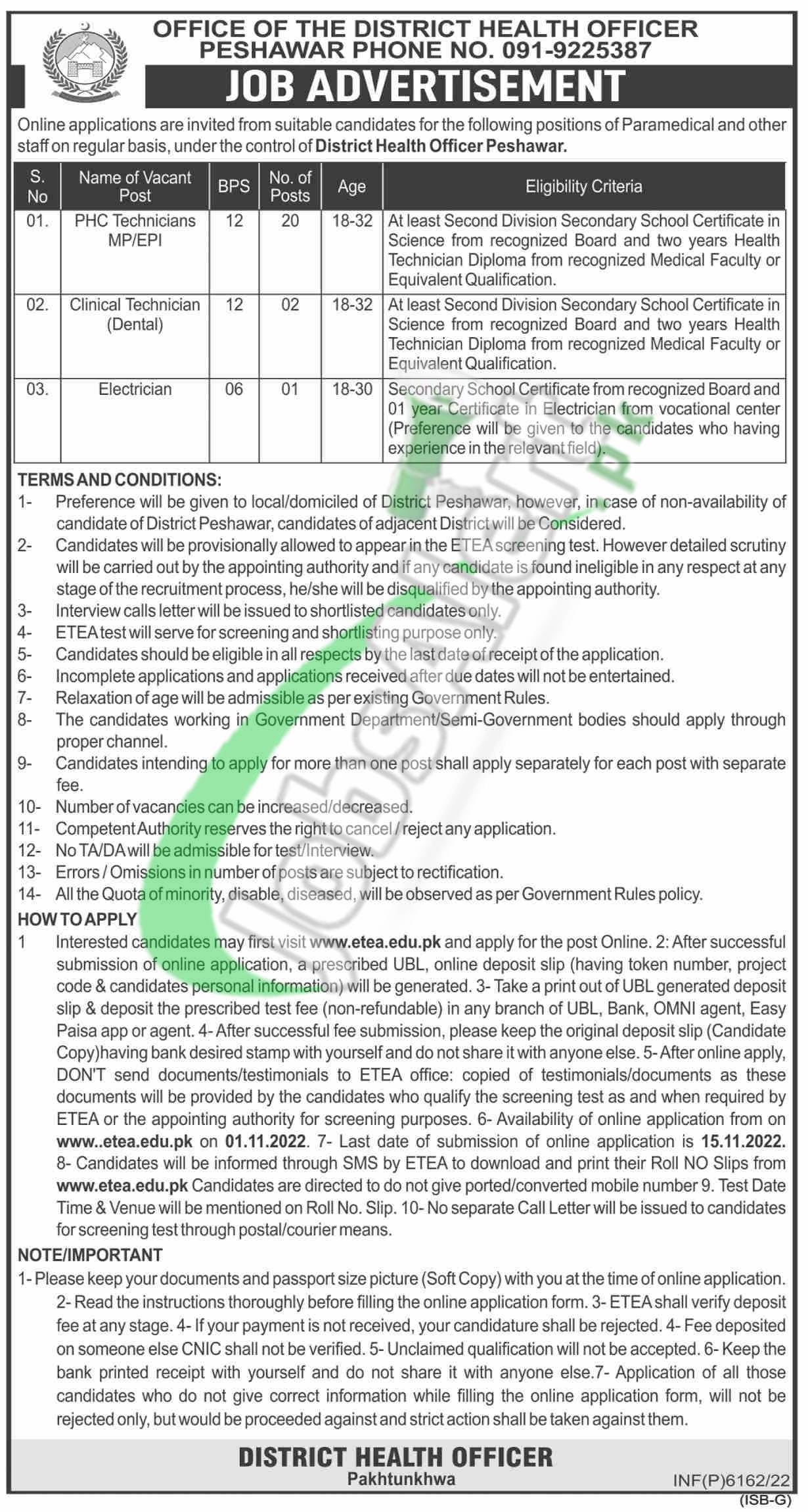 District Health Officer Peshawar Jobs